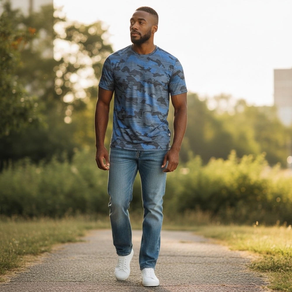 RBX Performance‎ Mens Large Blue Camo X-Dri Short Sleeve Training T-Shirt L